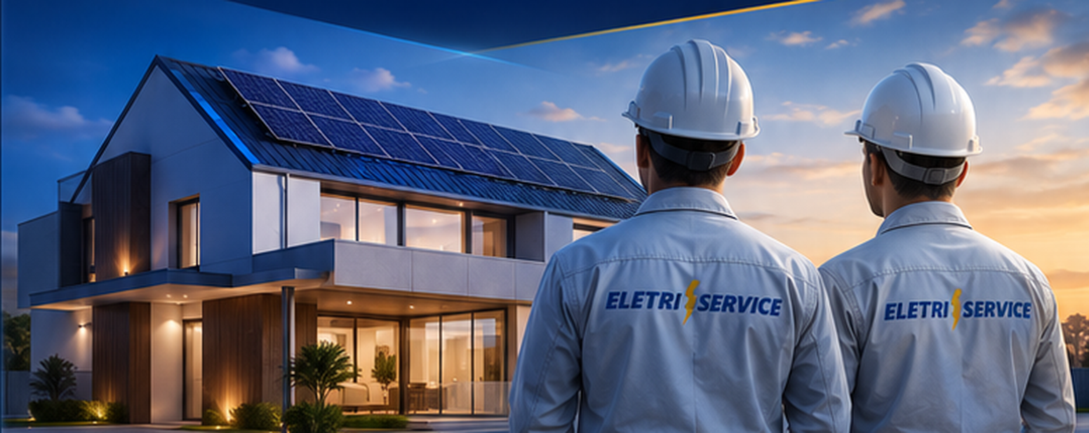 Equipe EletriService diante de residência com energia solar